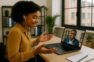 A smiling leadership coach talking with her client in a virtual coaching session
