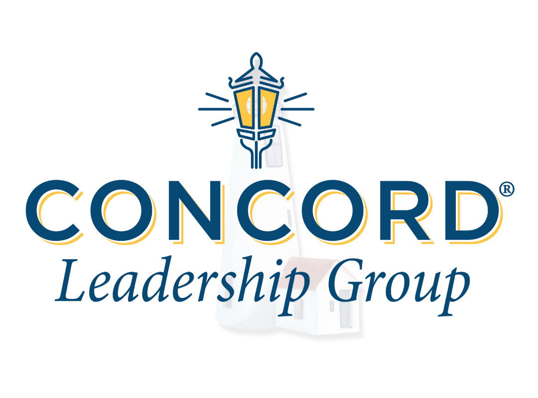 a faded lighthouse behind the Concord Leadership Group logo with the logo lantern and lighthouse lantern lined up