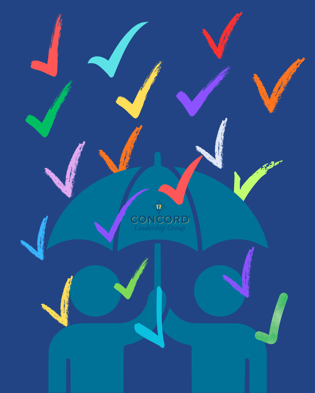 two people under an umbrella of raining checkmarks